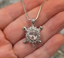 Silver Tone Crystal Turtle Necklace 16 inches beautiful chain picture