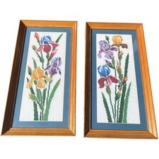 2 Vtg MCM Floral Embroidery Wall Art Decors Handmade Wall Art Country Cottage picture