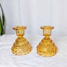 Vintage Amber Candlestick/Candle Holders Set of Two Mid-Century Pressed Glass picture