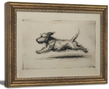 Vintage Gold Framed Wall Art Antique Terrier Sketch Running Dog Wall Decor 9x11