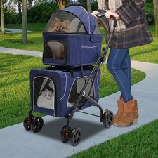 Blue Double Pet Stroller Dog Cat Carrying Cart Foldable Pet Stroller For Cats picture