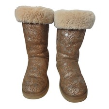 Y2K UGG Classic Tall Fancy 5998 Brown Metallic Floral Shearling Boots W8 Rare picture