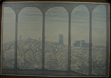 Ukrainian Soviet Linocut engraving symbolism City panorama Kyiv pigeon picture