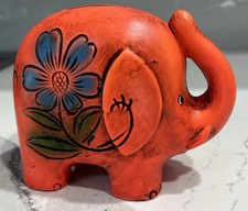 Vintage 70's Neon Orange Ceramic Elephant Bank with Floral Flower Details 5