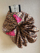 Gucci Beige GG Monogram Watermelon Print Fabric Hair Scrunchie Hair Tie picture