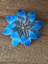 Estate 925 Blue Enamel Flower Pin Retro Vibrant Artsy Filigree Brooch VTG Norway picture