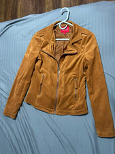 GUESS Women’s Brown Biker Jacket M Zip Front Lined Collared Zipped Pockets picture