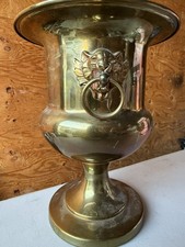 VTG 11” Brass Large Lion Head Handle Pedestal Planter Fireplace Jardinere Decor picture