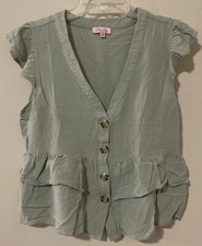 Pink Lily Boutique Womens Medium Green Vneck Flowy Ruffled Cotton Blouse A2425 picture