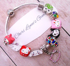 SILVER PANDORA SMOOTH CLASP CHARM BRACELET KITTY & FRIENDS PINK CZ CHARMS & BOX picture