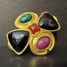 Vintage LAZULI Israel Maltese Cross Brooch Pin HeavyGold Plated Multi Cabochon picture