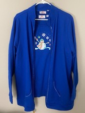 Quacker Factory XL Snowman T-Shirt & Jacket Blue Embroidered Rhinestone Holiday picture