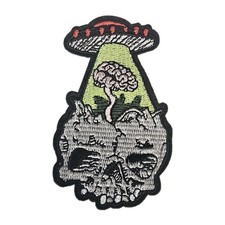 Alien UFO Abducting Skeleton Brain Patch - Embroidered Iron On Patches picture