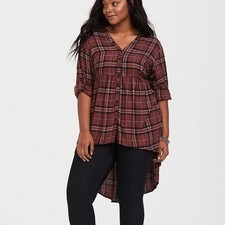 Torrid Womens Plaid Lexie Twill Tunic Plus Size 3X Stretch Waist Chocolate Brown picture