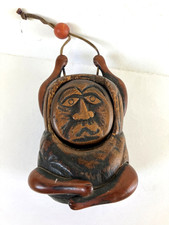 Vintage Japanese Wood  Tonkotsu Tobacco Box Container Daruma Figure with Ojime picture