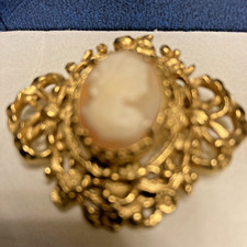 Antique Hand Carved Shell Cameo Brooch Gold Tone Oval Classical Woman Profile picture