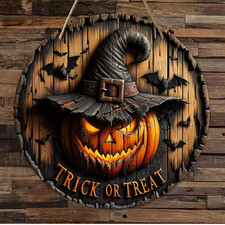 Halloween Wooden Wreath Sign Witch Pumpkin Trick or Treat Fall Porch Door Decor picture