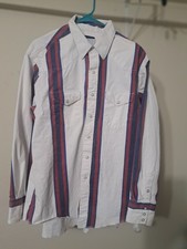 VTG Wrangler Brushpopper Western Pearl Snap Shirt Size 17 x 35 White Maroon Blue picture