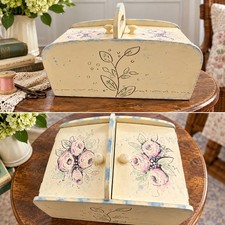 Hand Painted Wooden Sewing Box Floral Folk Art Yarn Knitting Caddy picture