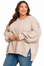 PLUS ZENANA ACID WASHED BATWING SLEEVE HI-LOW FLEECE SWEATSHIRTS picture