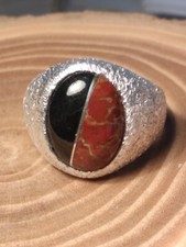 NATURAL COLORADO RED DINOSAUR BONE & WASHINGTON STATE BLACK JADE INLAY RING picture