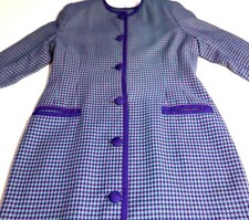 VTG 80s Mod Teal Purple Houndstooth Collarless Coat Dress Retro Mid Century S/M picture