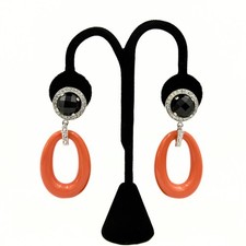 Carlo Zini Signed Vintage Orange Resin Black Rhinestone Italy Clip On Earrings  picture