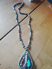 Vintage Navajo Reversible Spinner Necklace Sterling Silver Turquoise Coral 26