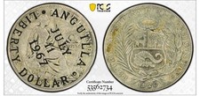 1967 Anguilla Liberty Dollar Overstruck on Silver 1926 Peru One Sol PCGS VF25 picture