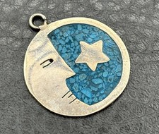 Mexican Silver Tone Turquoise Chip Inlay Moon Star Pendant Celestial Charm picture