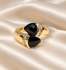 Vintage 14K Gold Trillion Black Onyx Diamond Bypass Toi et Moi Ring Size 7 picture
