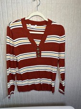 No Boundaries V-Neck 3 Button Sweater Women's XL Maroon Striped Long Sleeve picture