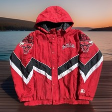 Vintage 90's Chicago Bulls Starter Jacket Hood Puffer Sz Large NBA Jordan Era picture