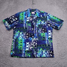 Vintage 70s Sears Hawaiian Shirt Barkcloth Blue Loop Collar Floral Tribal Large picture
