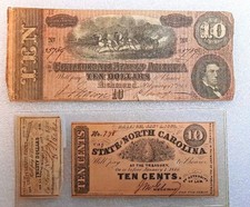 CSA, Civil War Money. 1864 $10Note. 1863 10Cent Fractional Note. 1865 $20 Bond. picture