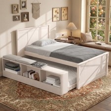 Alvantor Twin Bed Frames Pull Out Trundle, Headboard Storage Shelves, Cream picture