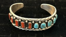 Reed Charlie Navajo Handmade Sterling Silver, Coral and Turquoise Cuff Bracelet picture