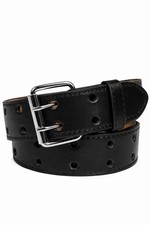 Men's Women's Genuine Leather Two Prong Double Row Holes Casual Plain Black Belt picture