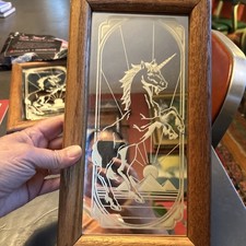 Vintage 1980s Bearded Unicorn Pyramid Mirror Oak Wood Wooden Frame Wall Decor picture
