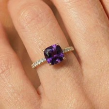 0.75 CT Cushion Cut Lab Created Purple Diamond Gift Ring  14K White Gold Plated picture