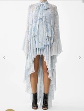 Camilla With Love Blue Silk Ruffle High Low Dress Long Sleeves Floral $1699 Sz S picture