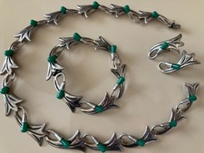 Vintage 1950’s TAXCO Beto Set Necklace Bracelet Earrings Green Onyx Sterling picture