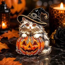 Vintage Halloween Witch Cat Pumpkin Brooch Pin Gold Crystal Rhinestone Jewelry G picture