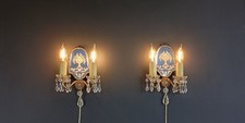 Pair Antique Venetian Etched Mirror Crystal Plug-in Sconces picture