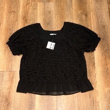 RO & DE Black Smocked Ruffle Puff Sleeve Peplum Top Square Neck NWT picture