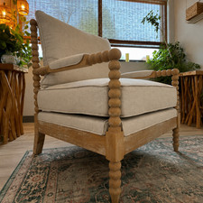 Beige Upholstered Accent Chair Solid Wood Bobbin Farmhouse Living Room Armchair picture
