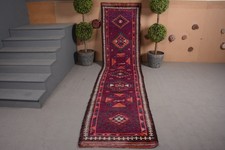 Geometric Kurdish Herki Rug, Vintage Red Tribal Runner, 3 x 12.6 ft, Turkish Han picture