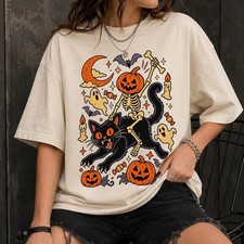 Skeleton Riding Cat Shirt, Vintage Halloween Tee, Funny Spooky Tshirt picture