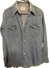 Vintage 70s Wrangler Pre Shrunk Extra Long Tails Denim Pearl Snap Shirt Mens picture