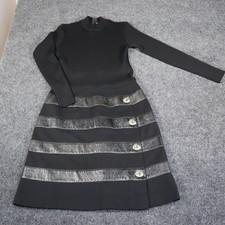 Vintage 100% Virgin Wool Black Knit Dress Metallic Leather Stripe Turn-Lock 16 picture